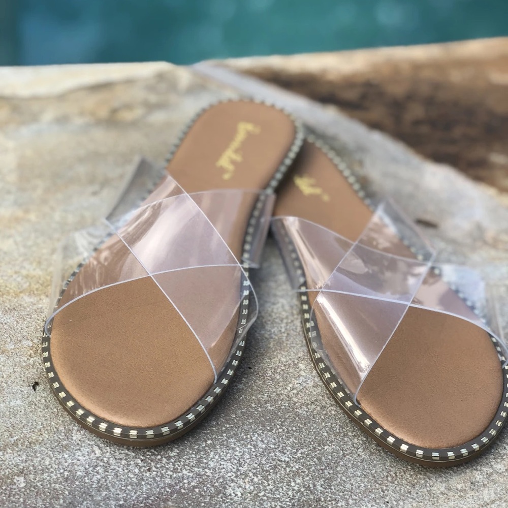 Micah Long Beach clear cross cross sandals